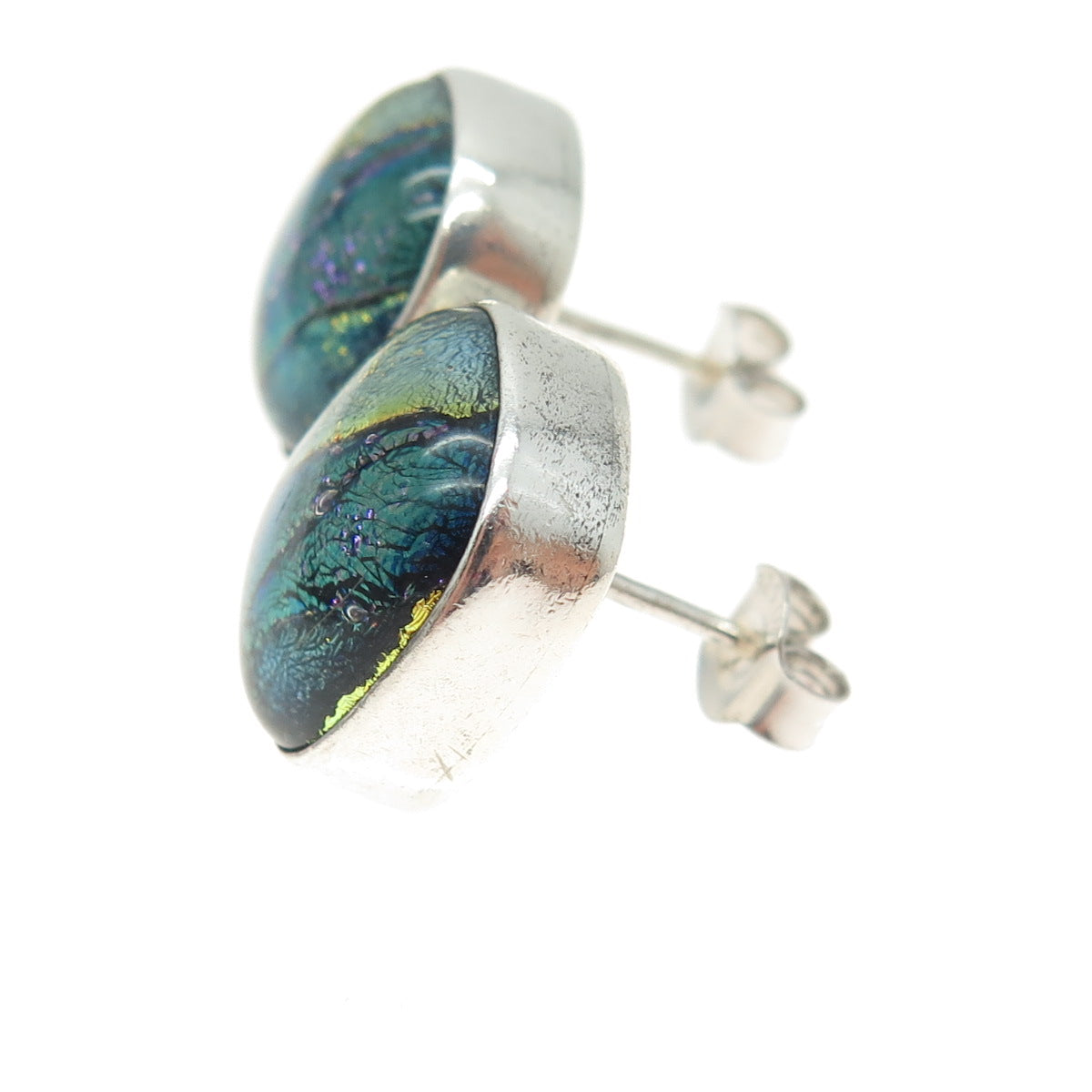 925 Sterling Silver Vintage Mexico Dichroic Glass Cushion Stud Earrings