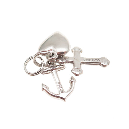 J.M. FISHER 925 Sterling Silver Vintage Heart Cross Anchor Mini Charm Pendant