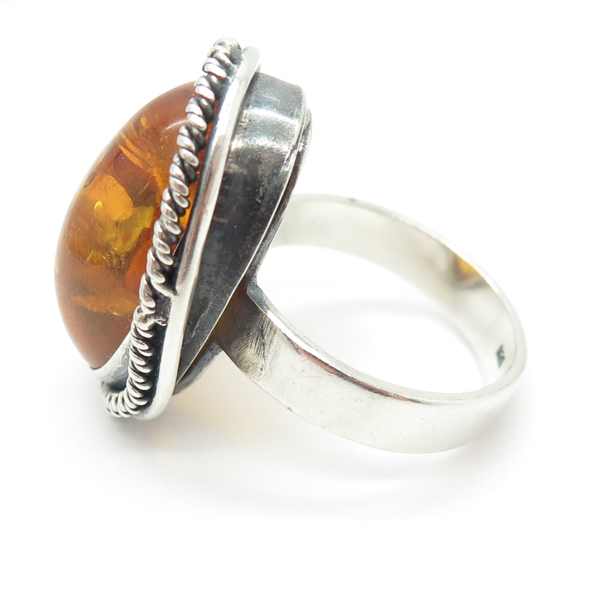 925 Sterling Silver Vintage Real Baltic Amber Modernist Ring Size 11