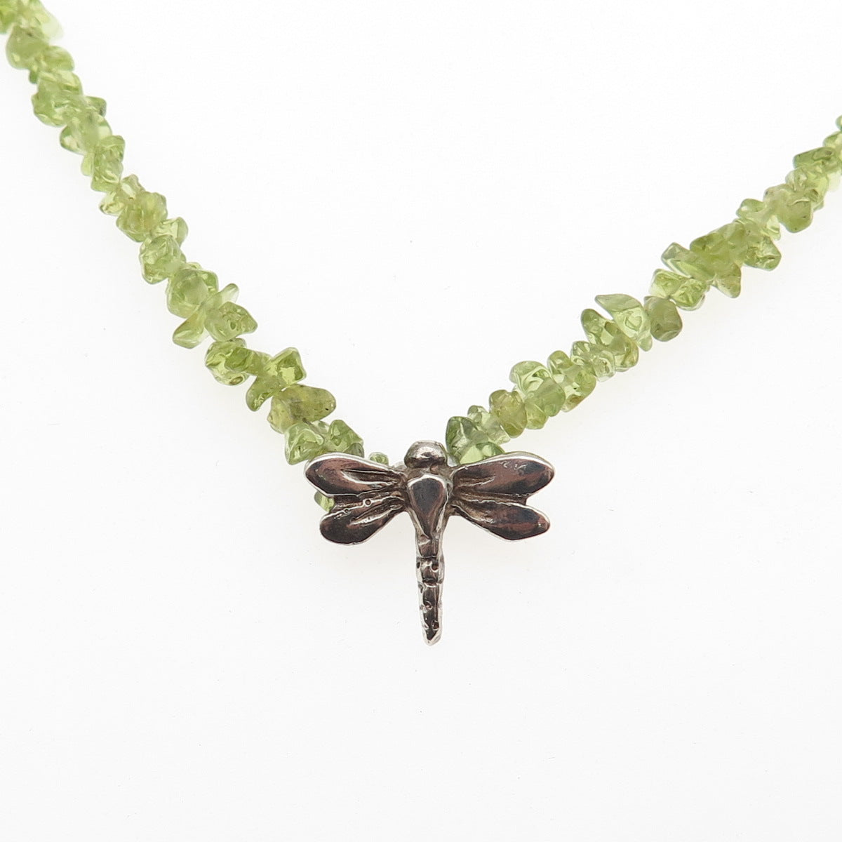 925 Sterling Silver Vintage IS Artisan Real Peridot Dragonfly Chain Necklace 16"