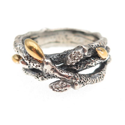 Stephen Dweck 925 Sterling Silver 2-Tone Real Diamond Botanical Ring Size 9.25