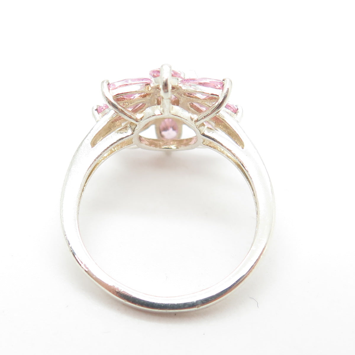 CHUCK CLEMENCY 925 Sterling Silver Pink Oval-Cut Shaped C Z Floral Ring Size 5