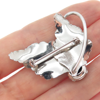 925 Sterling Silver Antique Art Deco Real Black Onyx Floral Leaf Pin Brooch