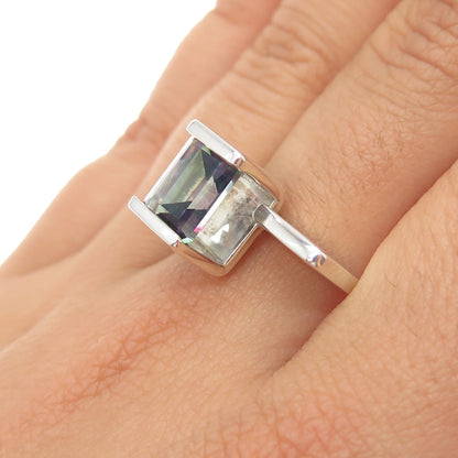 925 Sterling Silver Vintage Real Emerald-Cut Mystic Topaz Modernist Ring Size 8