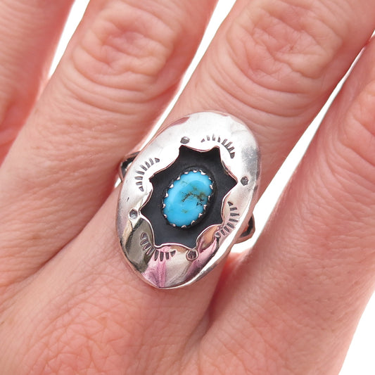 Old Pawn 925 Sterling Silver Vintage Turquoise Concho Shadow Box Ring Size 6