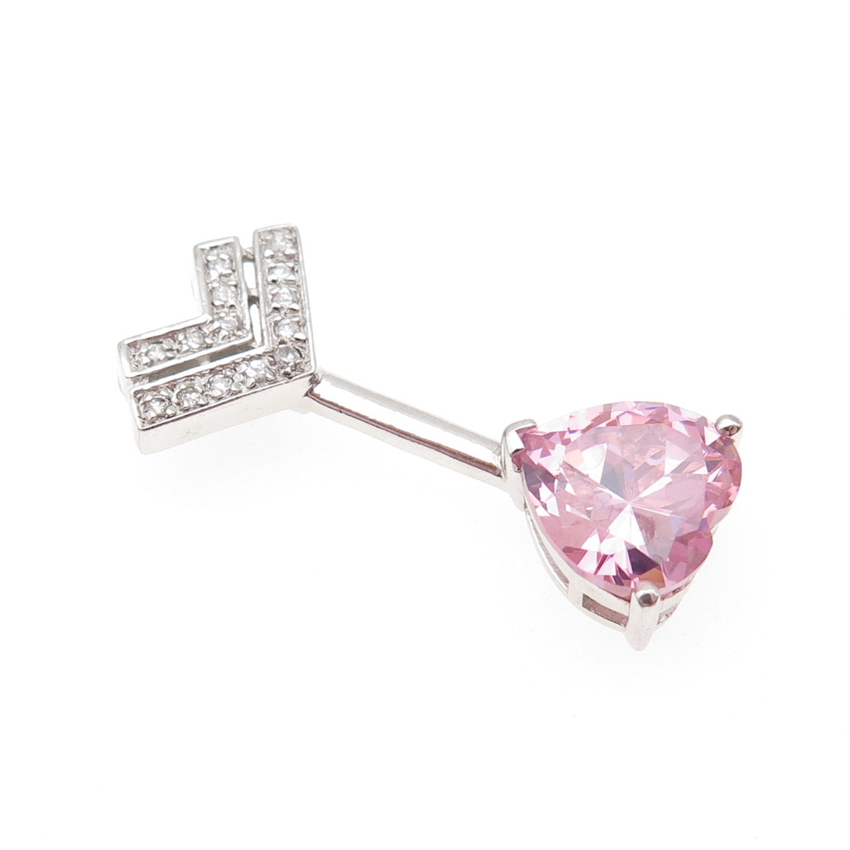 925 Sterling Silver Pink & White C Z Heart Arrow Slide Charm Pendant