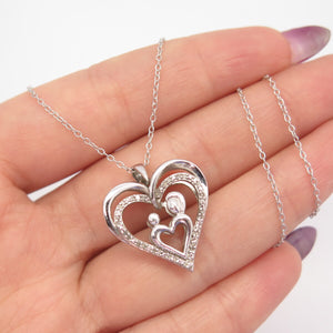925 Sterling Silver SUN Real White Diamond Mom & Baby Heart Chain Necklace 15"