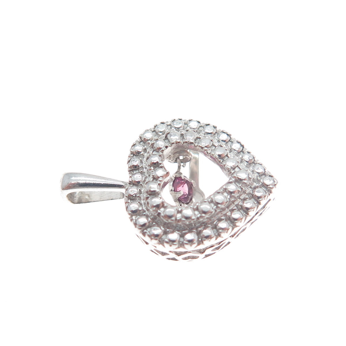 925 Sterling Silver Pink Round-Cut Shaped C Z Open Heart Minimalist Pendant