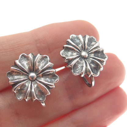 925 Sterling Silver Antique Daisy Flower Screw Back Oxidized Earrings