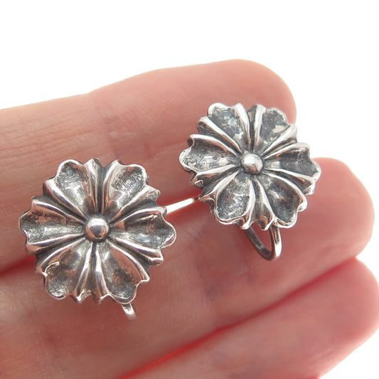 925 Sterling Silver Antique Daisy Flower Screw Back Oxidized Earrings