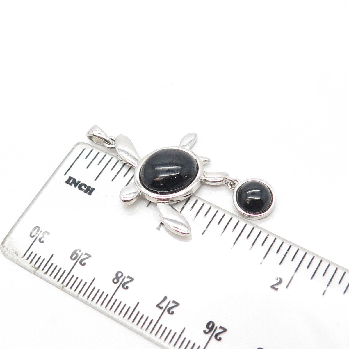 925 Sterling Silver Real Cabochon Black Onyx Gem Sea Turtle Pendant