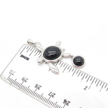 925 Sterling Silver Real Cabochon Black Onyx Gem Sea Turtle Pendant