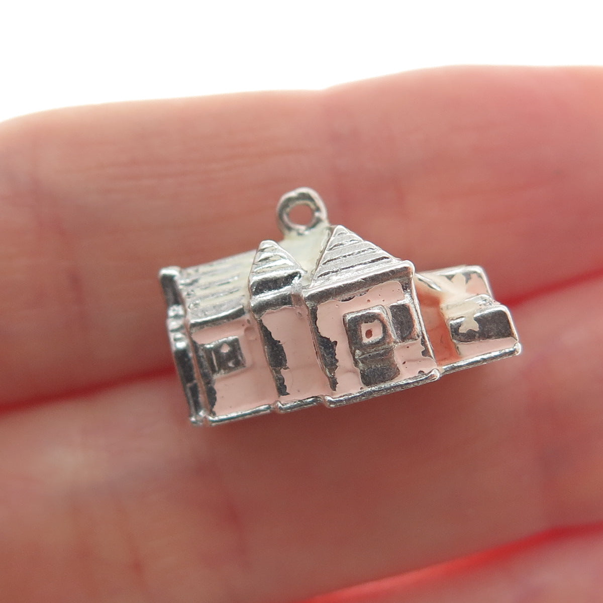 WELLS 925 Sterling Silver Antique Enamel Old Church Minimalist 3D Charm Pendant