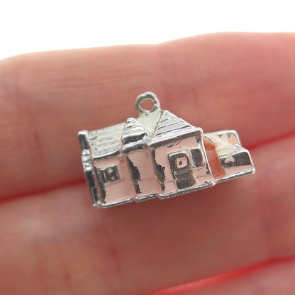 WELLS 925 Sterling Silver Antique Enamel Old Church Minimalist 3D Charm Pendant
