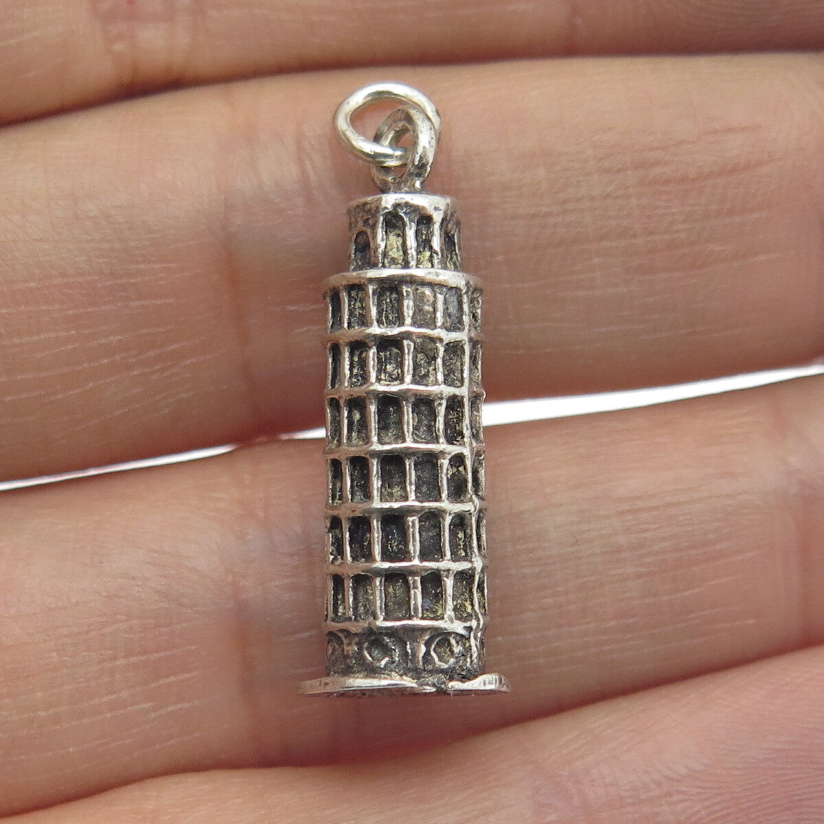 800 Silver Vintage Pisa Tower Oxidized Charm Pendant