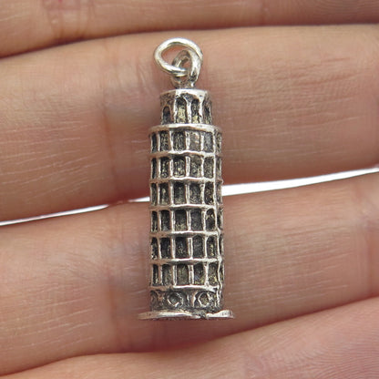 800 Silver Vintage Pisa Tower Oxidized Charm Pendant