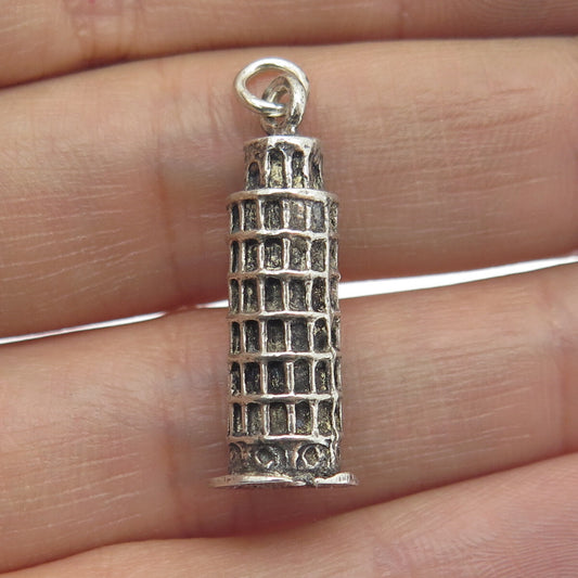800 Silver Vintage Pisa Tower Oxidized Charm Pendant