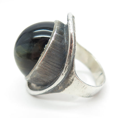 925 Sterling Silver Vintage Real Black Tiger Eye Gemstone Ring Size 6.5