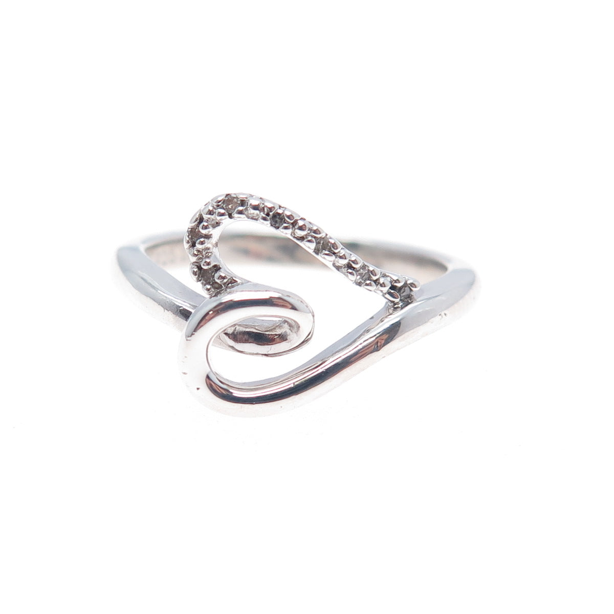 SUN 925 Sterling Silver Real Round-Cut Diamond Heart Ring Size 6.75