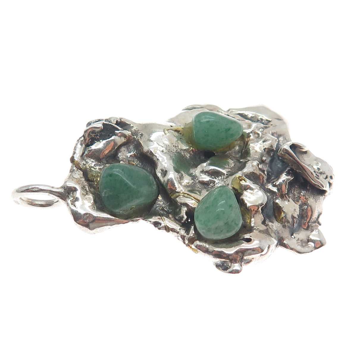 925 Sterling Silver Vintage Real Aventurine Modernist Brutalist Oxidized Pendant