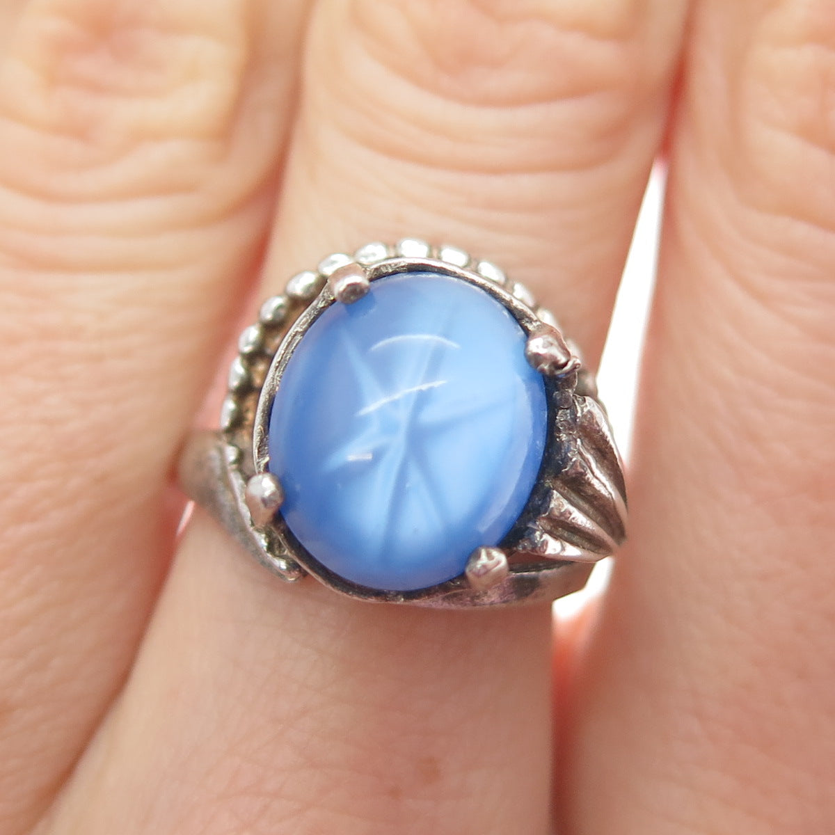 925 Sterling Silver Vintage Star Sapphire Imitation Modernist Ring Size 6.75