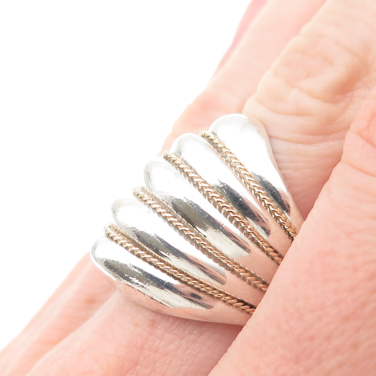 KEITH 925 Sterling Silver 14K Gold Vintage Modernist Ribbed Ring Size 7.25