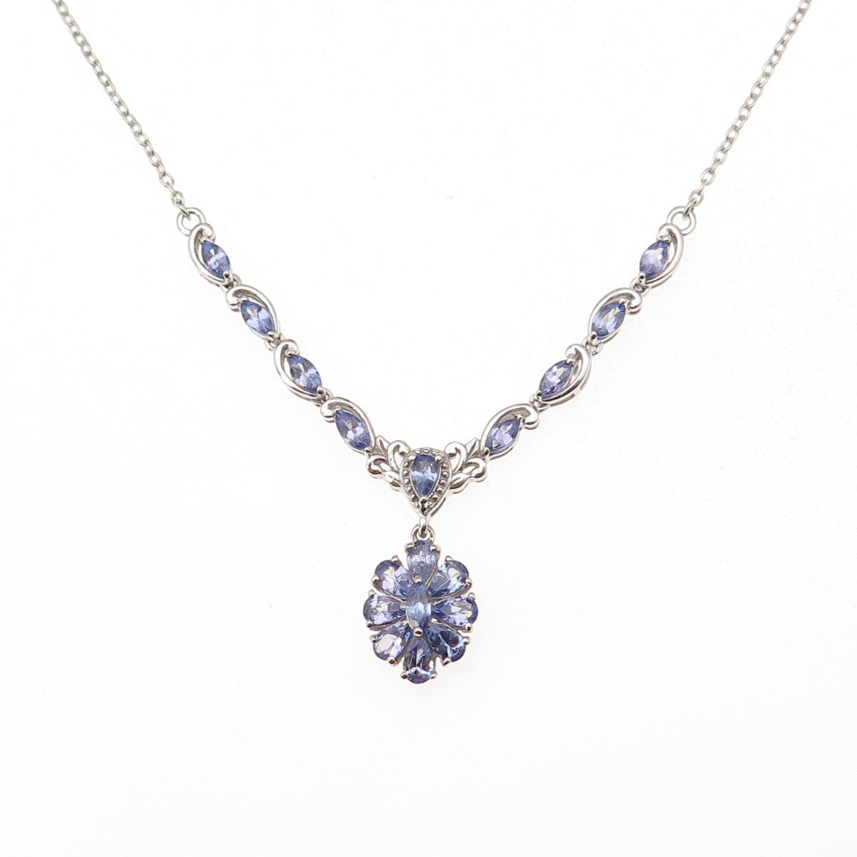 D'Joy 925 Sterling Silver Real Tanzanite Floral Cable Chain Necklace 18-20"