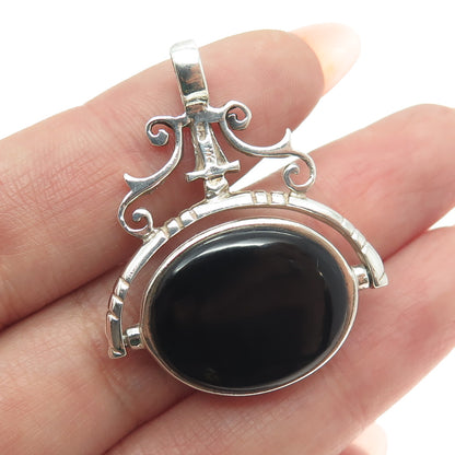 925 Sterling Silver Vintage Mother-of-Pearl Black Onyx Gem Double Sided Pendant