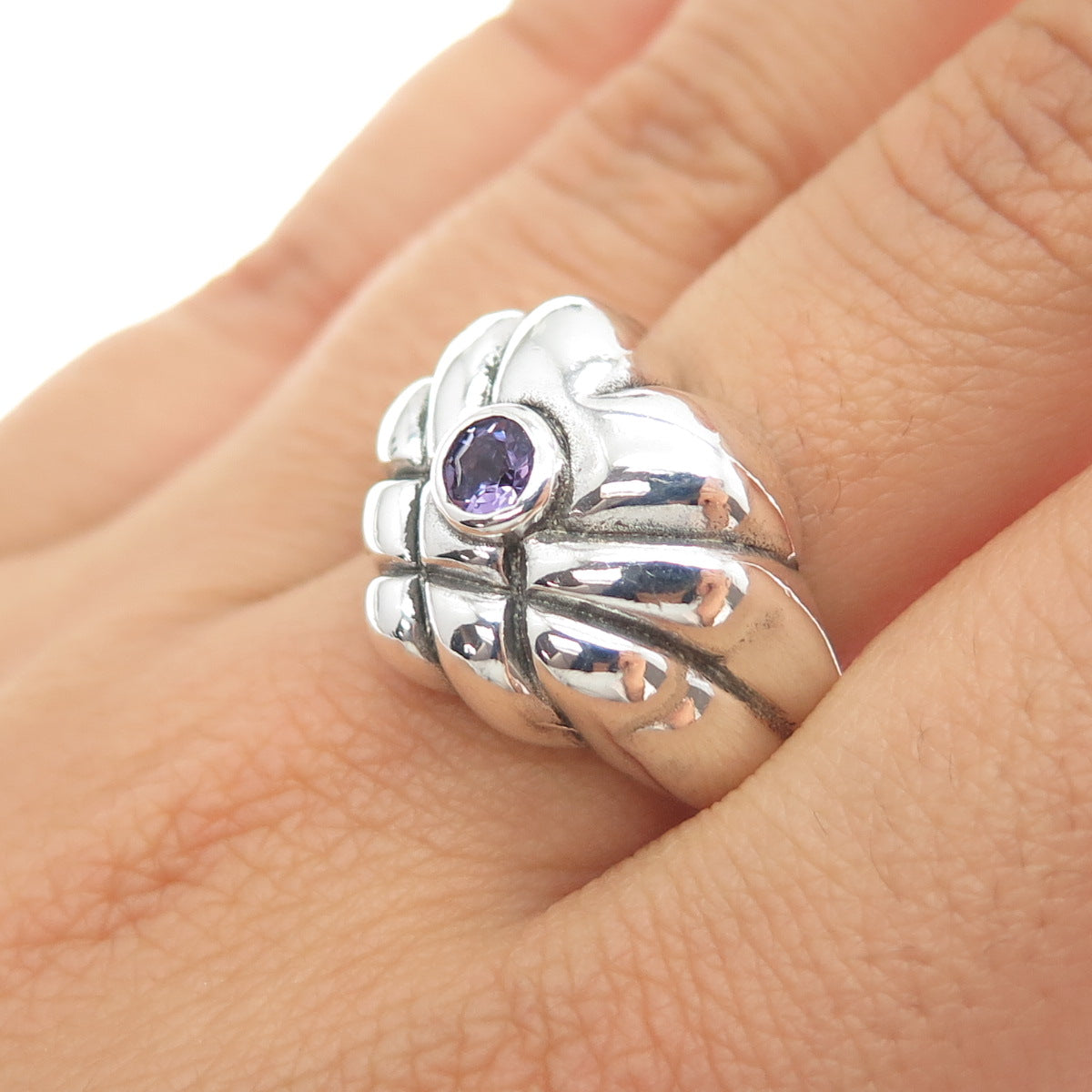 925 Sterling Silver Vintage Real Amethyst Modernist Heart Ring Size 9.25