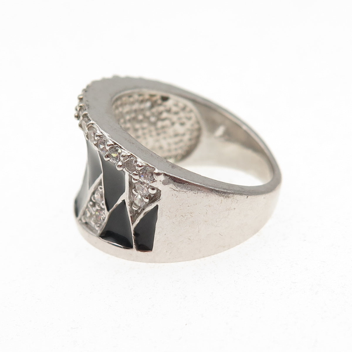 925 Sterling Silver Enamel Round-Cut C Z Modernist Ring Size 7