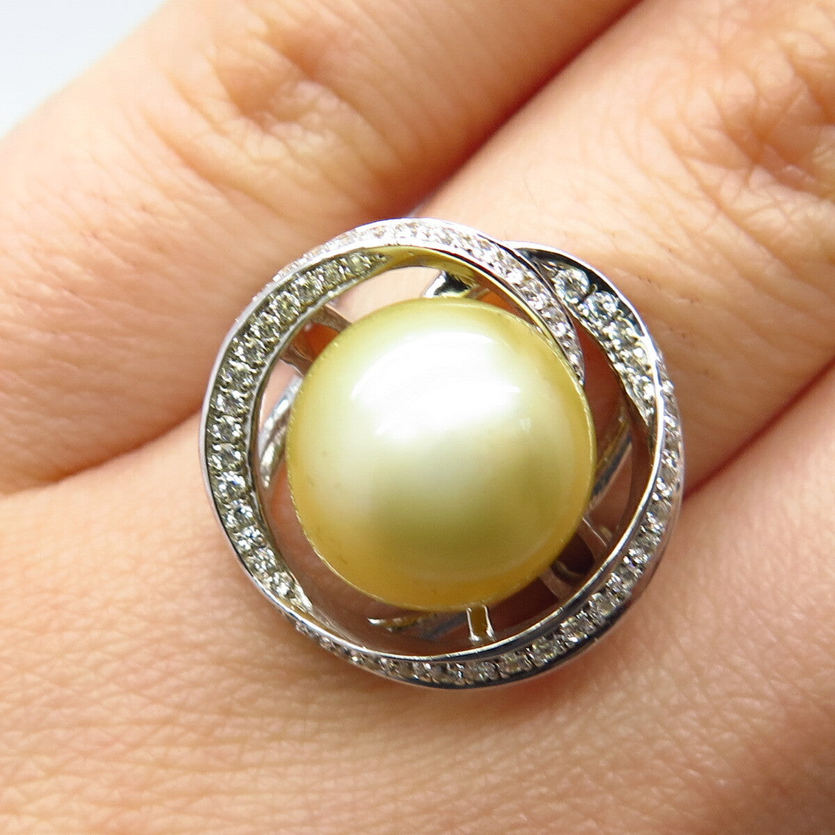 925 Sterling Silver Faux Pearl & Pave C Z Ring Size 6