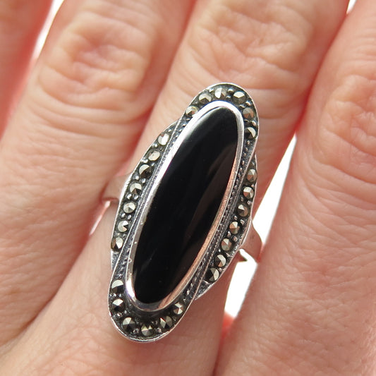 925 Sterling Silver Vintage Real Black Onyx & Marcasite Oxidized Ring Size 7