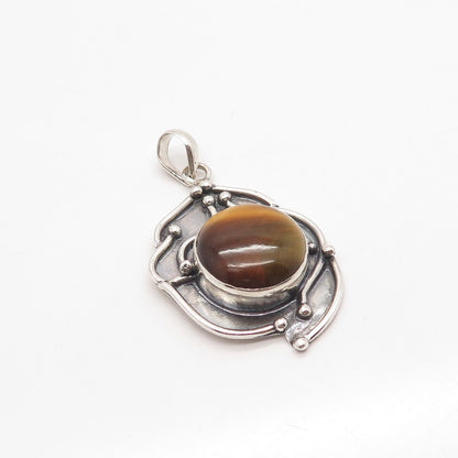 925 Sterling Silver Vintage Real Tiger Eye Gem Beaded Pendant