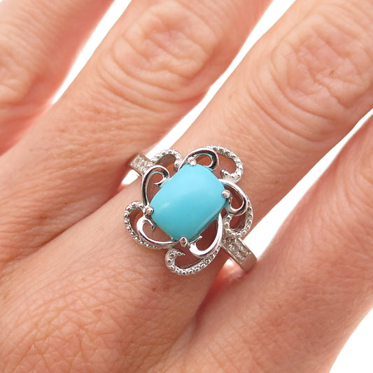 925 Sterling Silver Real Sleeping Beauty Turquoise Floral Ring Size 8
