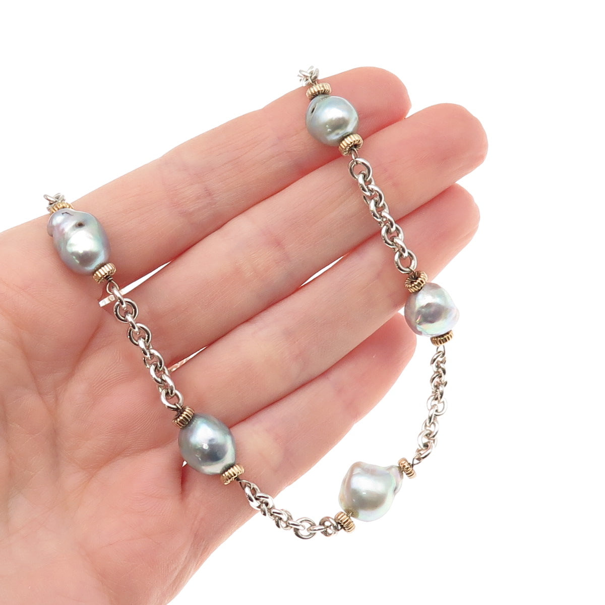 925 Sterling Silver 14K Gold Vintage Real Pearl Station Chain Necklace 16"