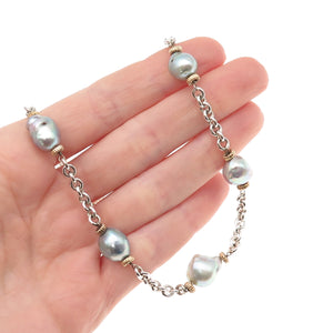 925 Sterling Silver 14K Gold Vintage Real Pearl Station Chain Necklace 16"