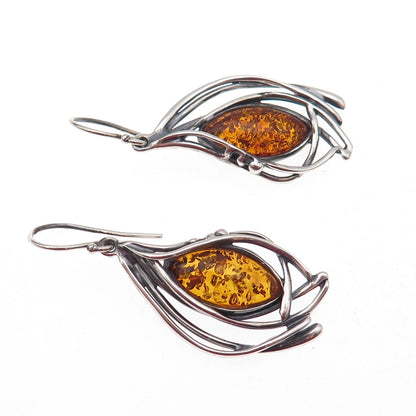 Hagit Gorali Sterling Silver Vintage Israel Real Amber Modernist Dangle Earrings