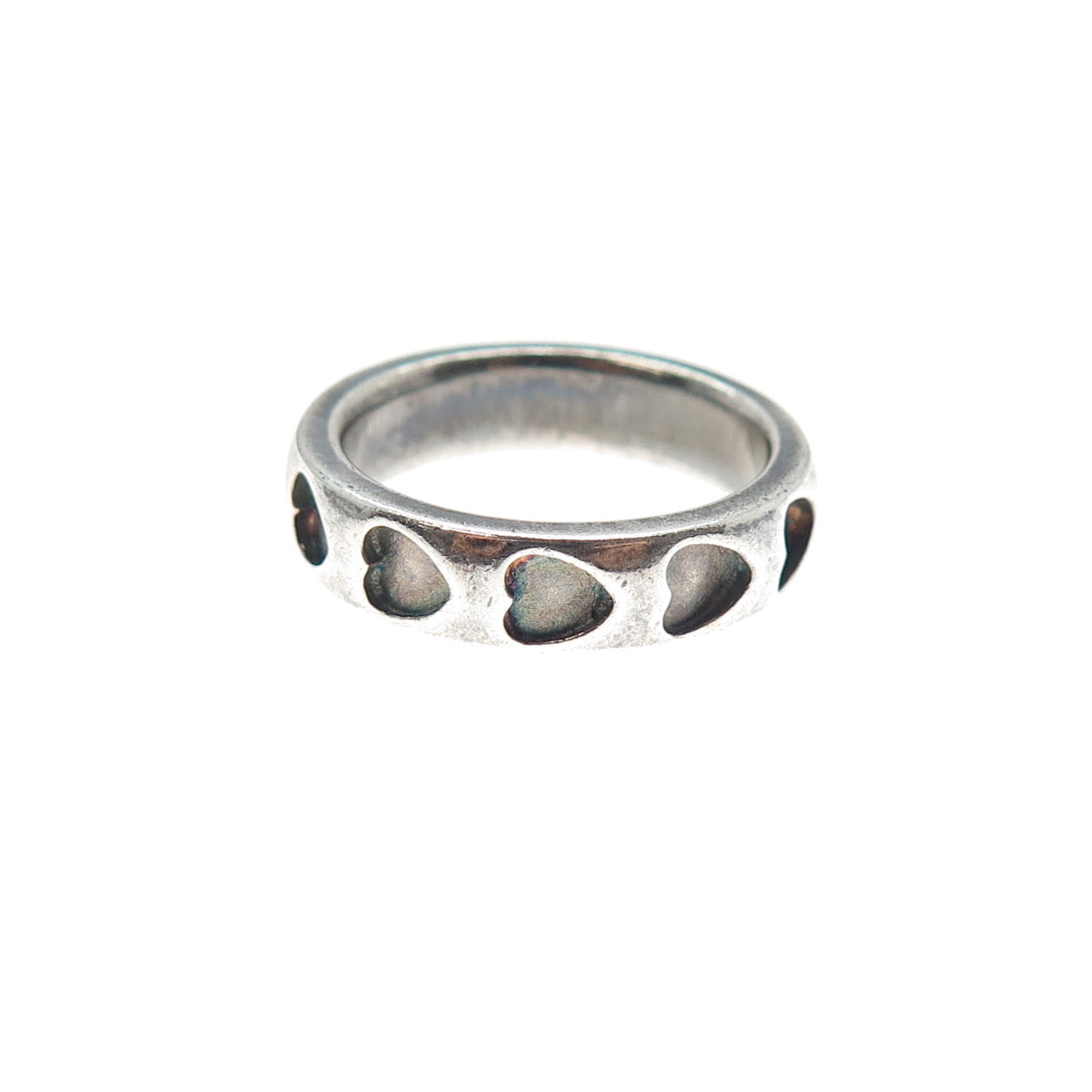 925 Sterling Silver Vintage Heart Oxidized All Around Band Ring Size 6