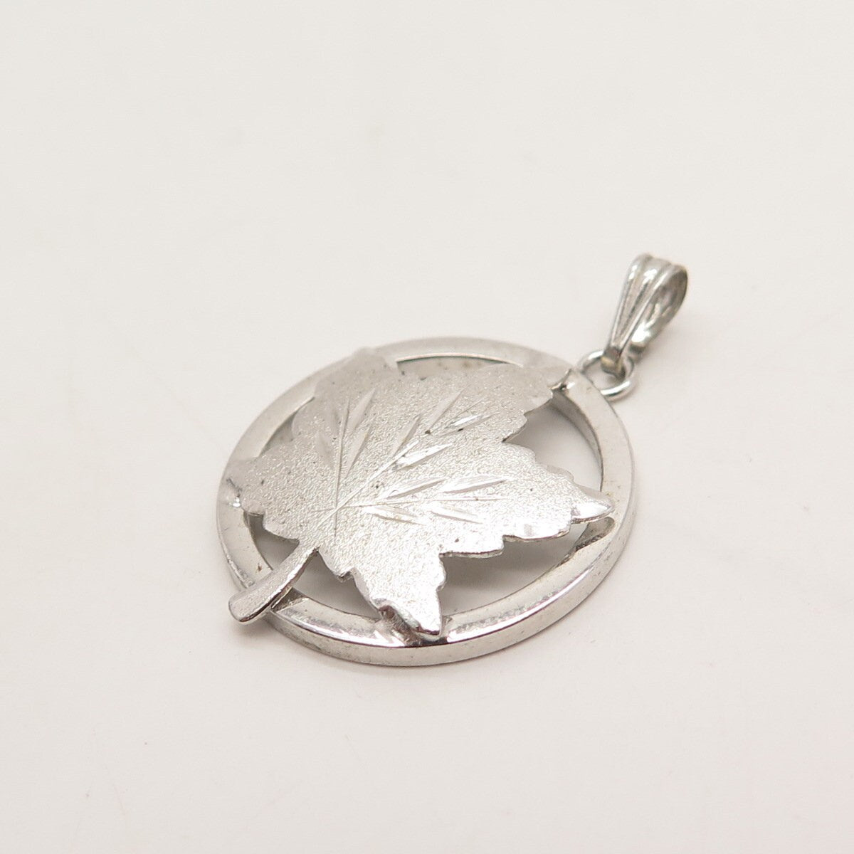 925 Sterling Silver Vintage EMC Front Maple Leaf Round Pendant