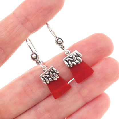 925 Sterling Silver Vintage Real Carnelian Modernist Floral Dangle Earrings