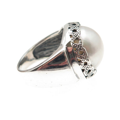 925 Sterling Silver Vintage WW Hong Kong Real Pearl Crown Oxidized Ring Size 8
