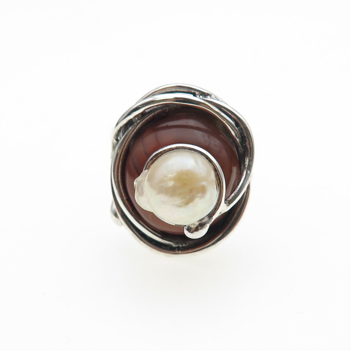 925 Sterling Vintage Spain Real Pearl & Agate Modernist Adjustable Ring Size 7.5