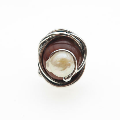 925 Sterling Vintage Spain Real Pearl & Agate Modernist Adjustable Ring Size 7.5