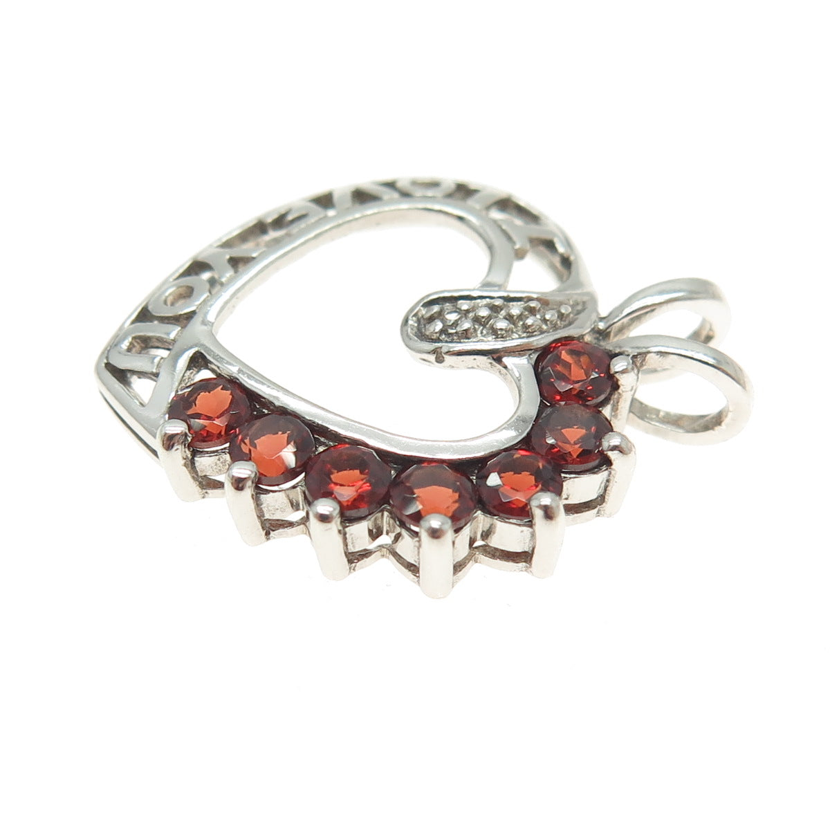 J&T 925 Sterling Vintage Red Garnet & Topaz Gem "I Love You" Heart Pendant