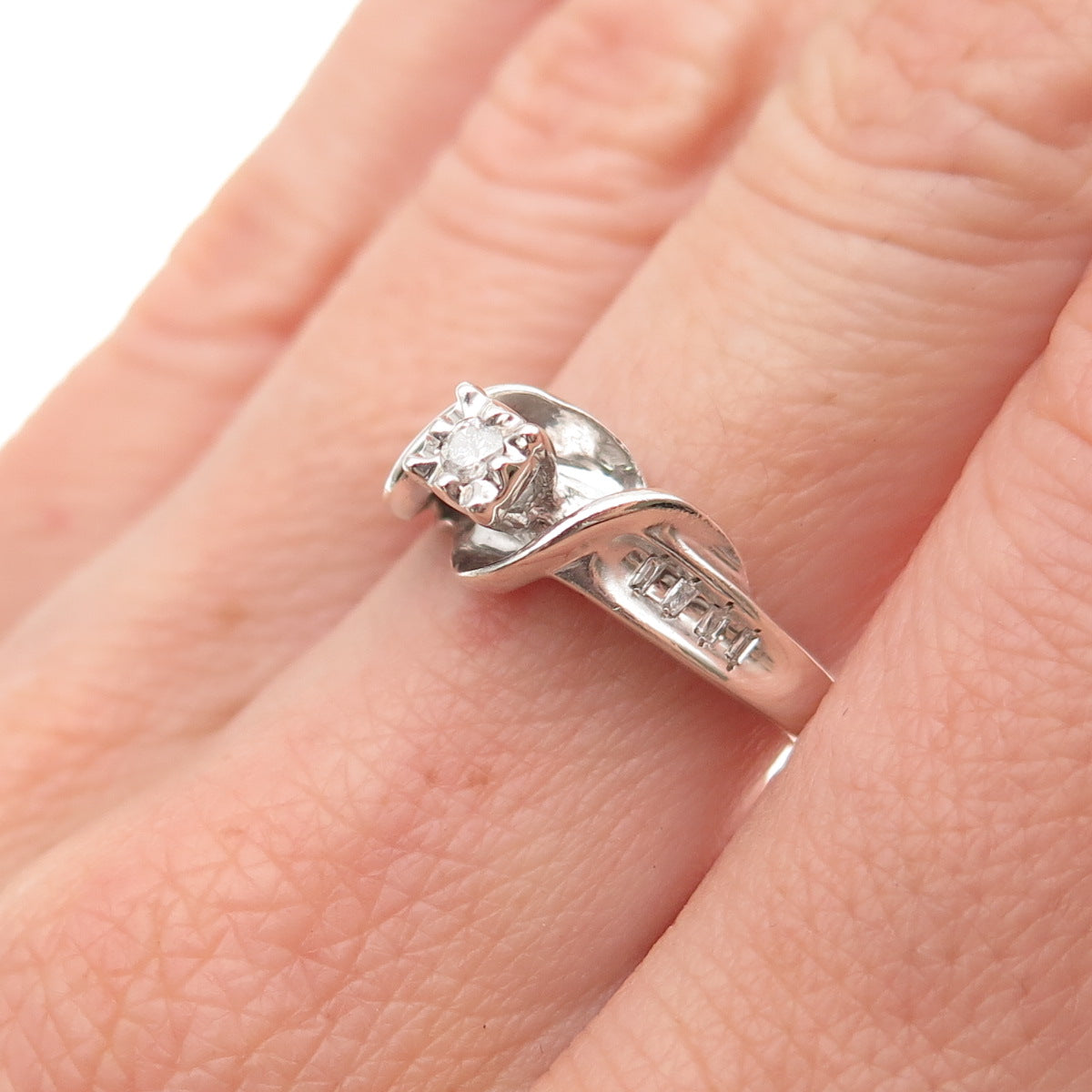 925 Sterling Silver Real Round-Cut Diamond Engagement Ring Size 7.25