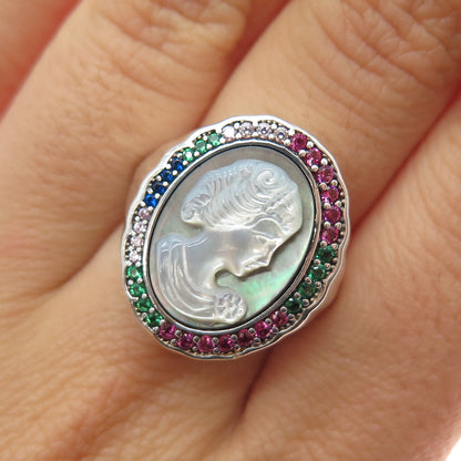 925 Sterling Vintage Real MOP Lab-Created Ruby Multi-C Z Cameo Ring Size 7.25