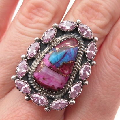 925 Sterling Vintage Real Pink Spiny Oyster Turquoise C Z Adjustable Ring Size 8