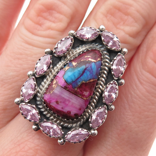 925 Sterling Vintage Real Pink Spiny Oyster Turquoise C Z Adjustable Ring Size 8