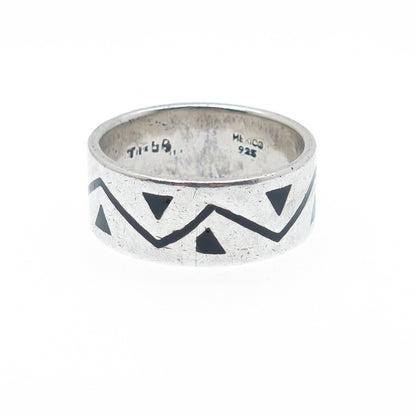 925 Sterling Silver Vintage Mexico Enamel Zig Zag Oxidized Band Ring Size 12.75