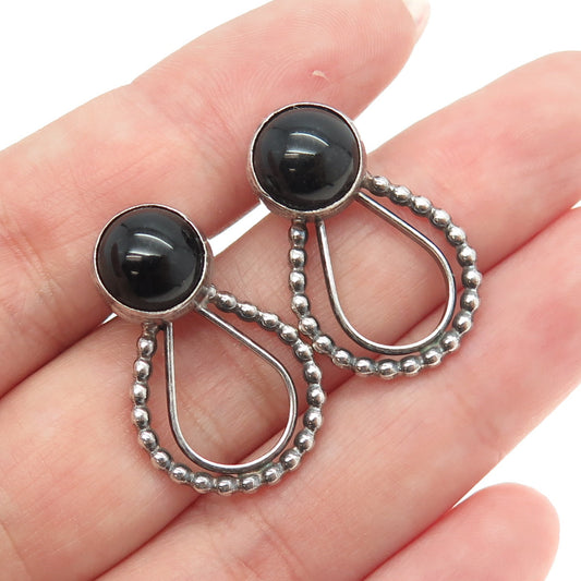 925 Sterling Silver Vintage Real Black Onyx Modernist Multi-Hook Earrings